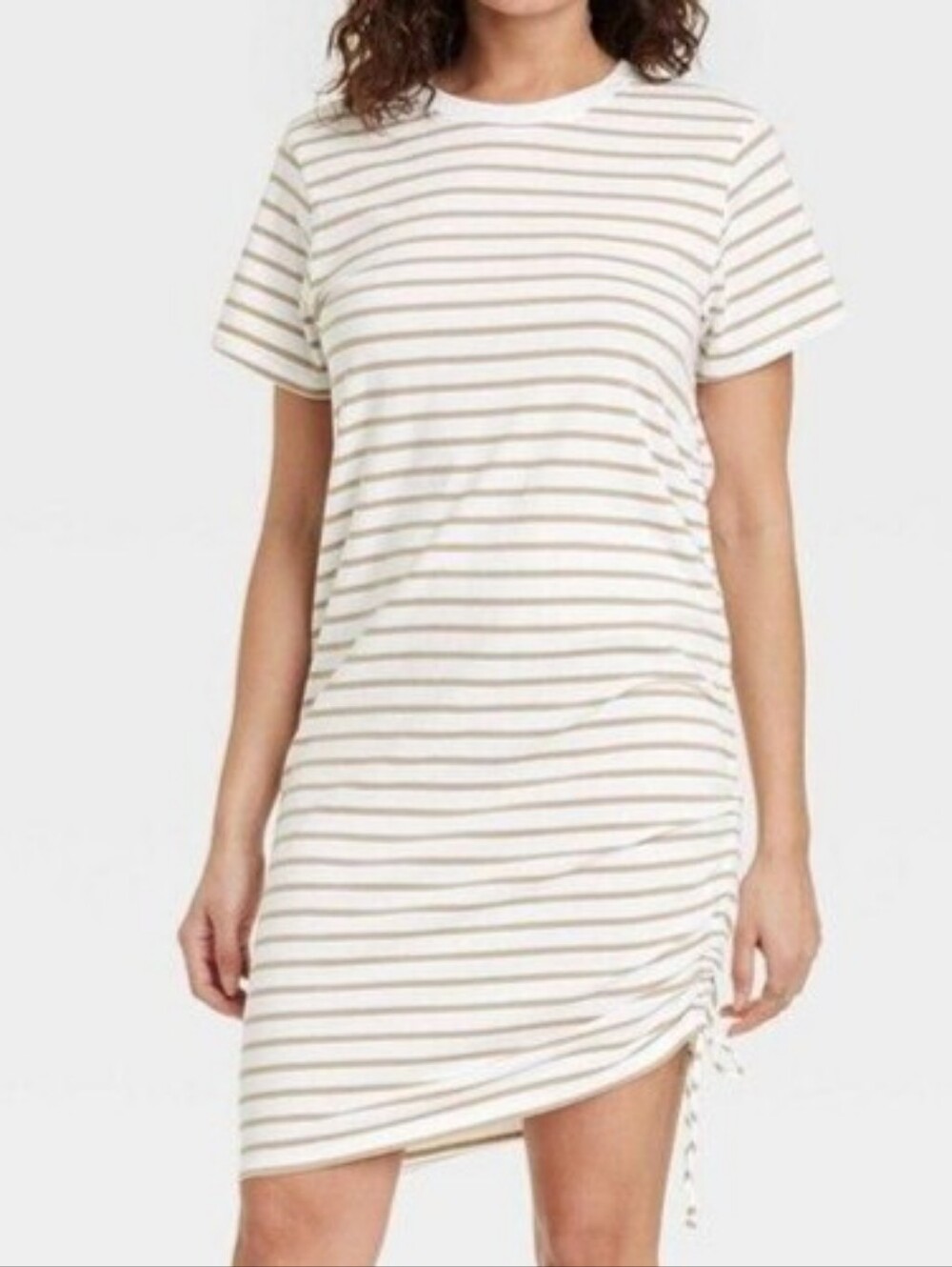 Universal Thread Striped Ruched T-Shirt Dress Cotton White Tan XS